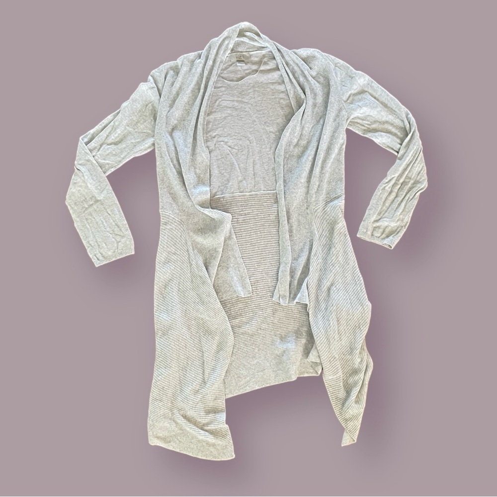 Light Grey Open Front Long Cardigan L LOFT Asymmetric Shark-Bite Sweater